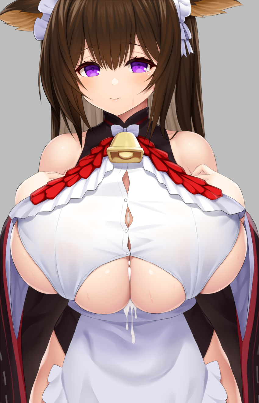 1girls 3: after_paizuri animal_ears asamura_hiori azur_lane bell blush bow breast_squeeze breasts brown_hair cow_ears cow_girl cow_horns cowbell cum cum_on_body cum_on_breasts cumdrip embarrassed female hands_up highres hip_vent horns huge_breasts kashino_(azur_lane) kashino_(maid_for_mayhem)_(azur_lane) large_bow light-skinned_female light_skin long_hair looking_at_viewer maid_headdress official_alternate_costume purple_eyes sakura_empire_(azur_lane) solo sweat tearing_up tears