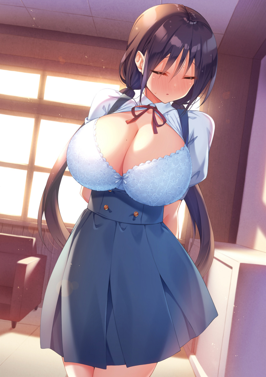 arms_behind_head bangs black_hair blush bow bowtie bra breasts breasts_out bursting_breasts closed_eyes commentary_request couch facing_viewer female highres huge_breasts indoors kazuma_(kazumav) long_hair low_twintails original red_bow red_bowtie skirt solo twintails underwear white_bra