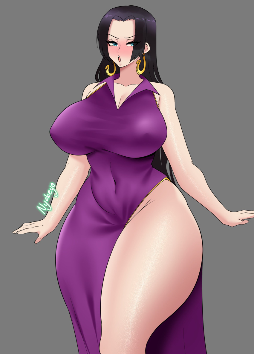 1girls big_breasts blue_eyes blush boa_hancock breasts dress earrings female female_only grey_background guabeyo huge_breasts light_skin nyabeyo one_piece shounen_jump solo solo_female standing thick_thighs thighs voluptuous wide_hips