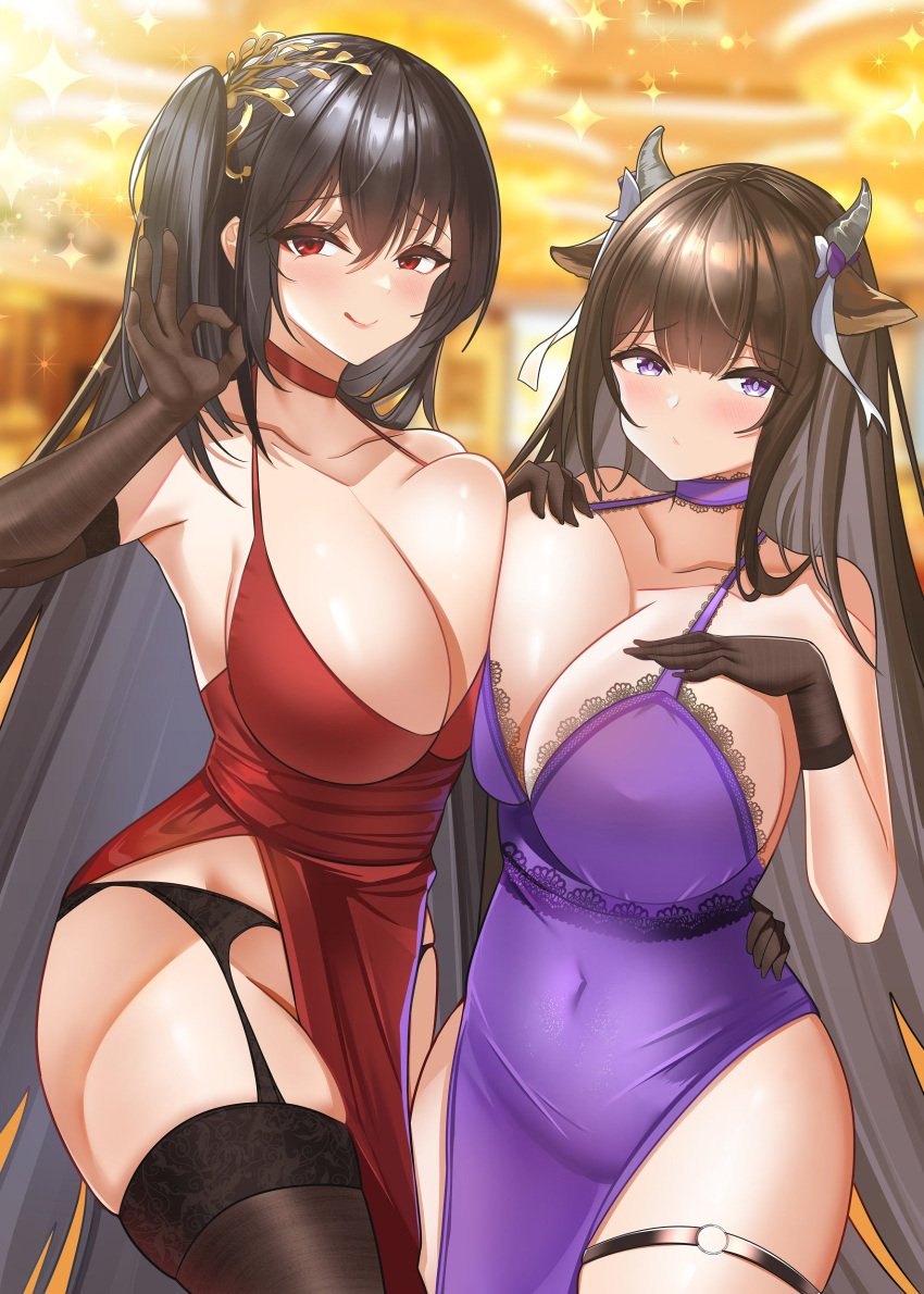 2girls absurdres ahoge animal_ears azur_lane bangs black_hair black_panties black_thighhighs breasts brown_hair cleavage cocktail_dress collar cow_ears cow_horns crossed_bangs dress elbow_gloves garter_belt gloves hair_ornament highres horns huge_breasts jinpaitugounan kashino_(azur_lane) long_hair multiple_girls official_alternate_costume panties purple_dress red_dress red_eyes side_ponytail taihou_(azur_lane) taihou_(forbidden_feast)_(azur_lane) thighhighs underwear