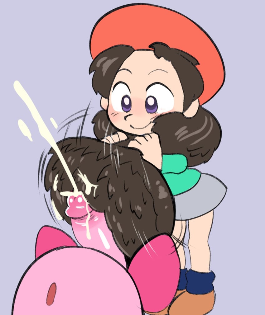 1boy 1girls 2022 adeleine bare_legs beret black_hair brushjob clothed_female_nude_male clothing commission cum cumshot dizzytizzy female hair hairjob hat hi_res human kirby kirby_(series) long_hair penis pink_body purple_eyes simple_background