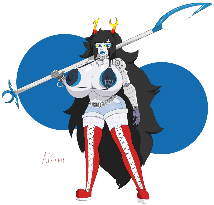 1girls akiva black_hair blue_eyes boots fangs female female_only grey_skin homestuck horn horns huge_breasts hyper hyper_breasts lipstick long_hair looking_at_viewer short_shorts shorts solo tagme thigh_high_boots troll vriska_serket yellow_sclera