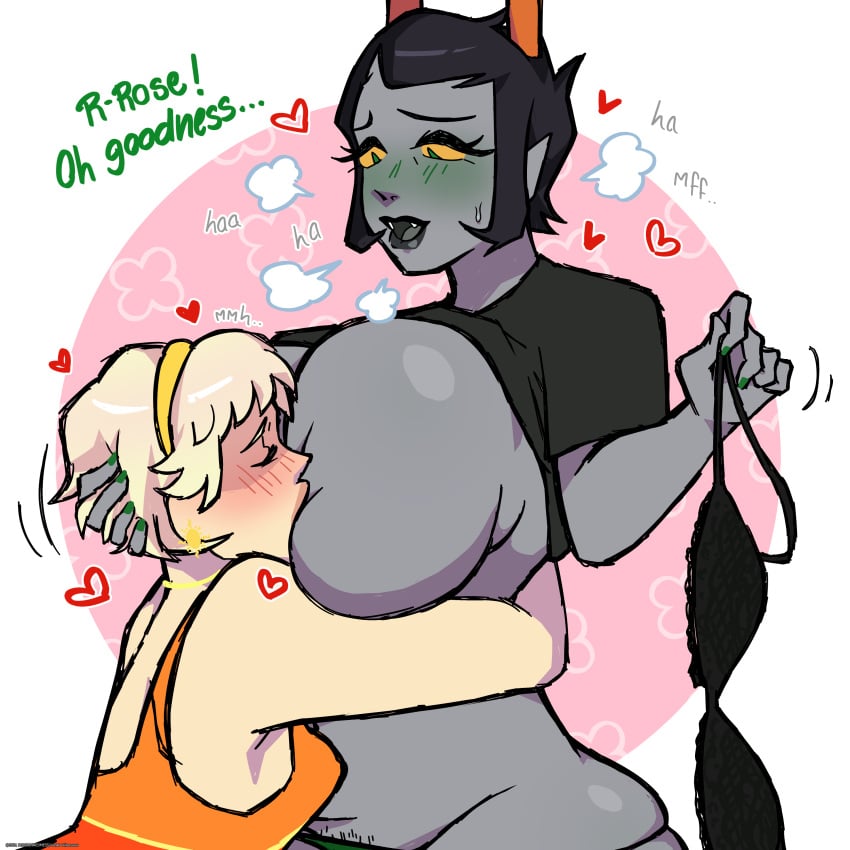 bbw blush bra breast_sucking canon_couple chubby green_eyes heart homestuck huge_breasts kanaya_maryam married_couple redskinnedmess rose_lalonde shaved_pussy size_difference slightly_chubby small_breasts sucking_nipples tagme wife_and_wife yuri