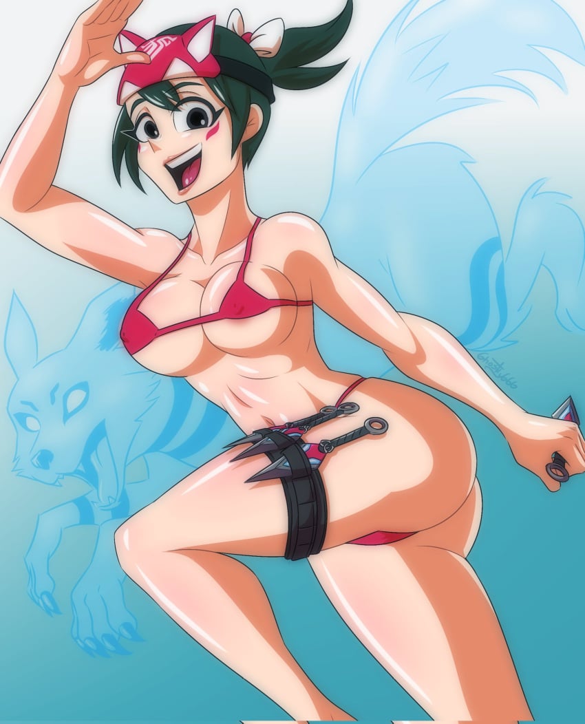 1girls 2d ass big_breasts bikini bikini_bottom bikini_top breasts facial_markings female female_only ghostly666 green_hair kiriko_(overwatch) kunai micro_bikini overwatch overwatch_2 short_hair smile solo thighs