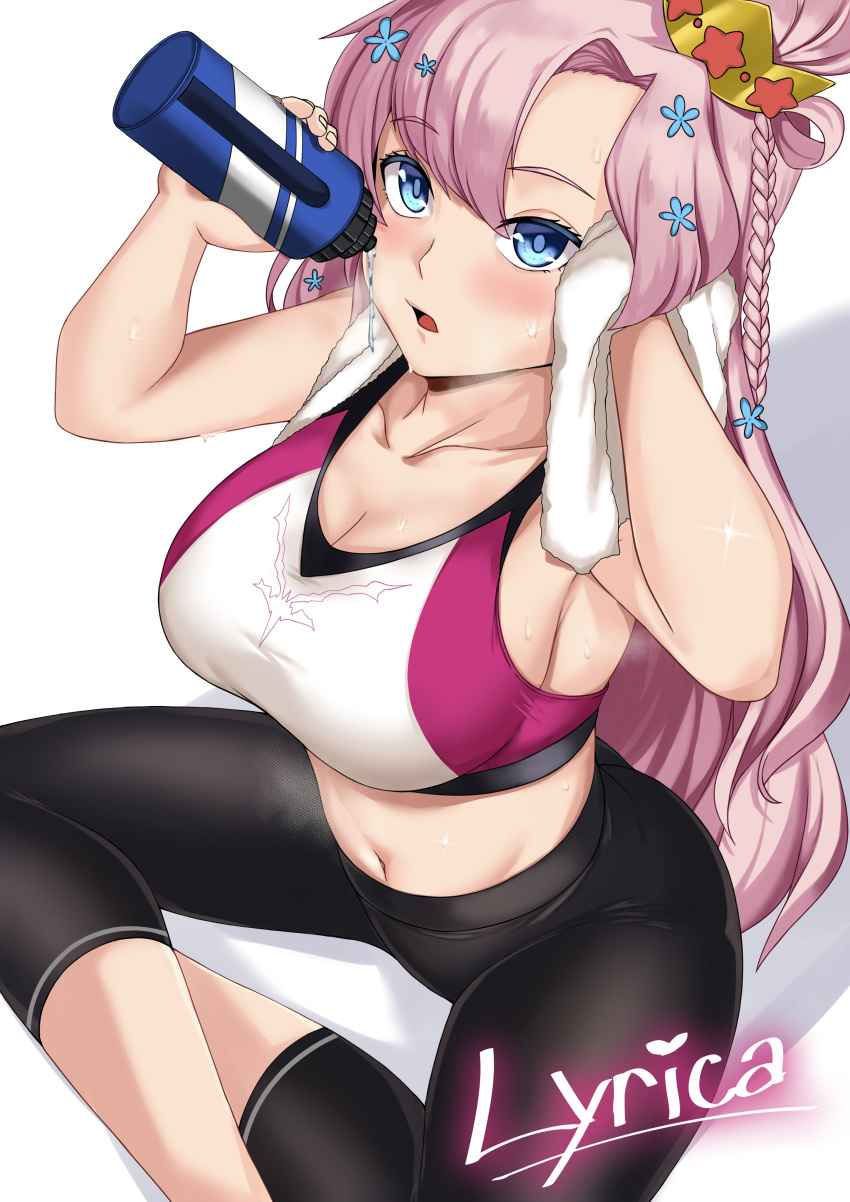 1girls armpits belly_button big_breasts blue_eyes blush bra braid cleavage crown flower flower_in_hair hi_res highres indie_virtual_youtuber looking_up lyrica_(vtuber) midriff navel pants pink_hair sitting small_towel solo solo_female solo_focus sports_bra sportswear sweat sweating sweatpants sweaty sweaty_body top_view towel viewed_from_above virtual_youtuber warden_(artist) water_bottle water_drop