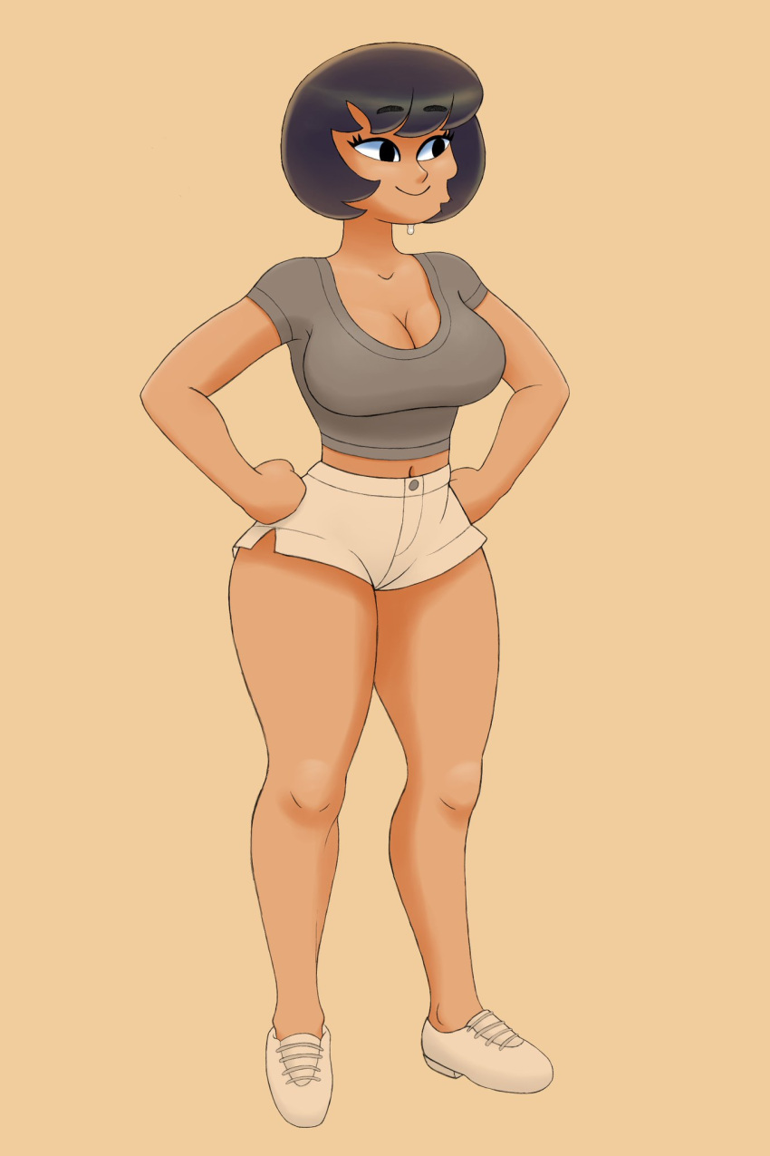 1girls black_hair bottomwear breasts curvaceous curvy curvy_female curvy_figure dark_eyes dark_hair female jucika light-skinned_female light_skin neptunianavengr shoes short_hair shorts smiling solo sweat thick_thighs thighs voluptuous white_bottomwear wide_hips