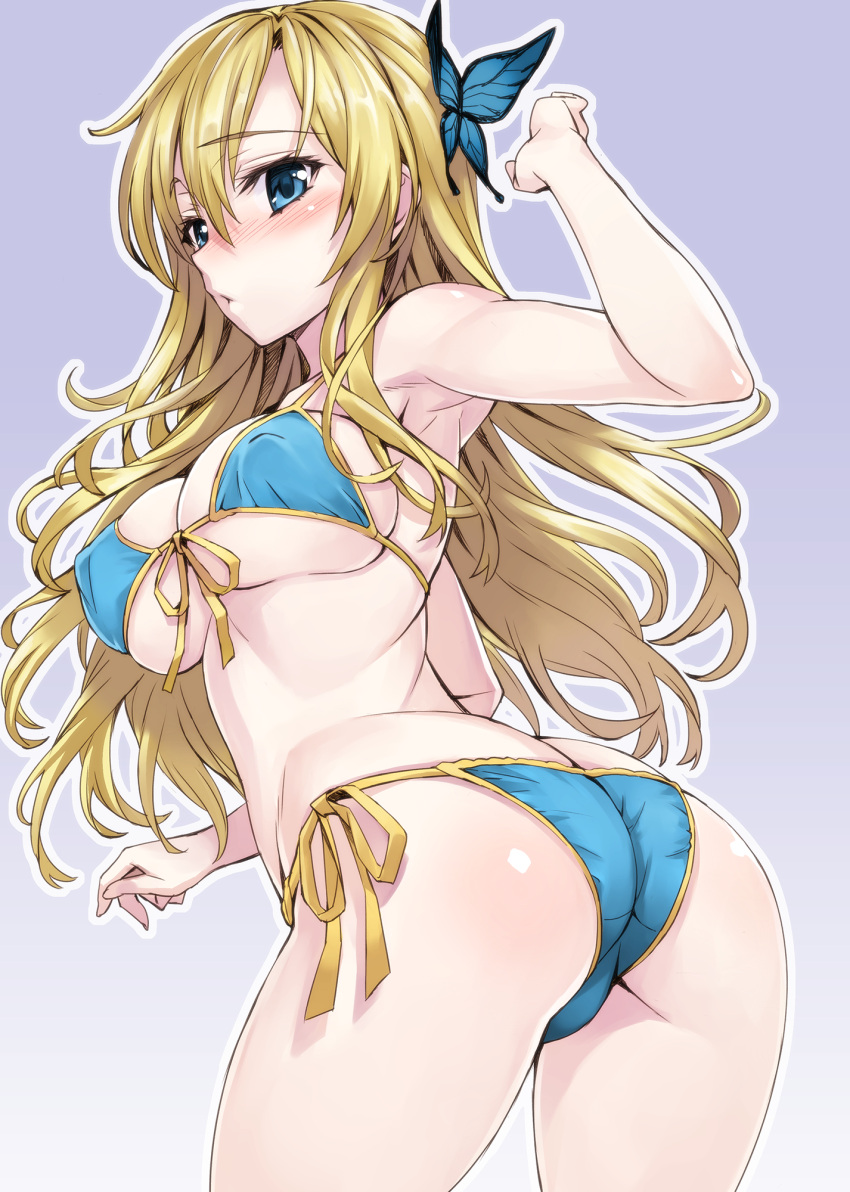 ass ass_cleavage bikini blonde_hair blue_bikini blue_eyes blush boku_wa_tomodachi_ga_sukunai breasts butt_crack butterfly_hair_ornament covered_nipples female front-tie_top gradient hair_ornament halterneck highres large_breasts long_hair matsuryuu open_mouth outline sena_kashiwazaki side-tie_bikini_bottom simple_background solo string_bikini swimsuit trefoil twisted_torso underboob