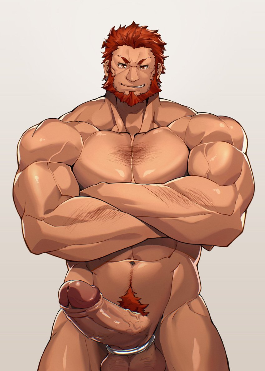 1boy abs arm_hair ball_stretcher balls ballsack bara beard biceps boner chest_hair completely_nude cowboy_shot crossed_arms erection facial_hair fate/grand_order fate/zero fate_(series) foreskin foreskin_folds highres human intact iskandar_(fate) large_penis looking_at_viewer male male_focus male_only male_pubic_hair manly mature_male muscles muscular_male navel navel_hair nude nude_male pecs pectorals penis red_eyes red_hair retracted_foreskin scrotum seductive_smile sex_toy short_hair smile smooth_skinned_male solo stomach straight-on tekkowang testicles thick_thighs thighs uncensored uncut veins veiny_arms