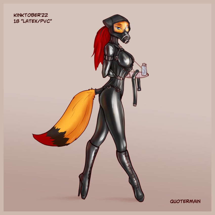 2022 absurd_res anthro biped black_collar black_corset canid canine clothing collar female fox gas_mask hi_res kinktober mammal mask page_18 quotermain rubber rubber_clothing rubber_suit standing submissive submissive_anthro submissive_female