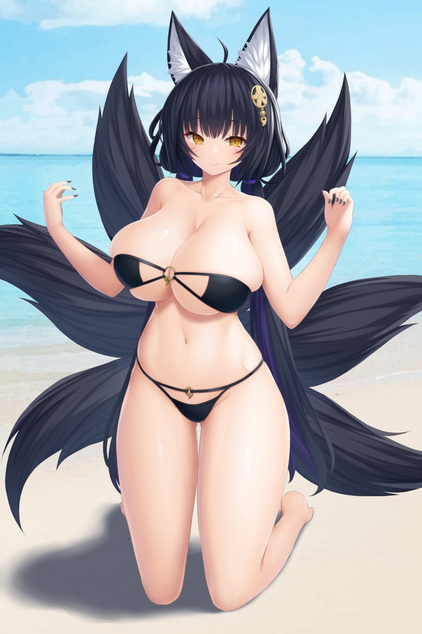 ahoge animal_ear_fluff animal_ears asamura_hiori ass_visible_through_thighs azur_lane bare_legs barefoot beach bikini black_bikini black_hair black_nails blue_sky blush breasts brown_eyes cleavage closed_mouth cloud collarbone day eyepatch_bikini facial_mark female fox_ears fox_girl fox_tail full_body hair_ornament hands_up highres horizon huge_breasts kneeling long_hair looking_at_viewer low_twintails musashi_(azur_lane) nail_polish navel ocean sky smile solo stomach strapless strapless_bikini swimsuit tail thigh_gap twintails very_long_hair w_arms water whisker_markings