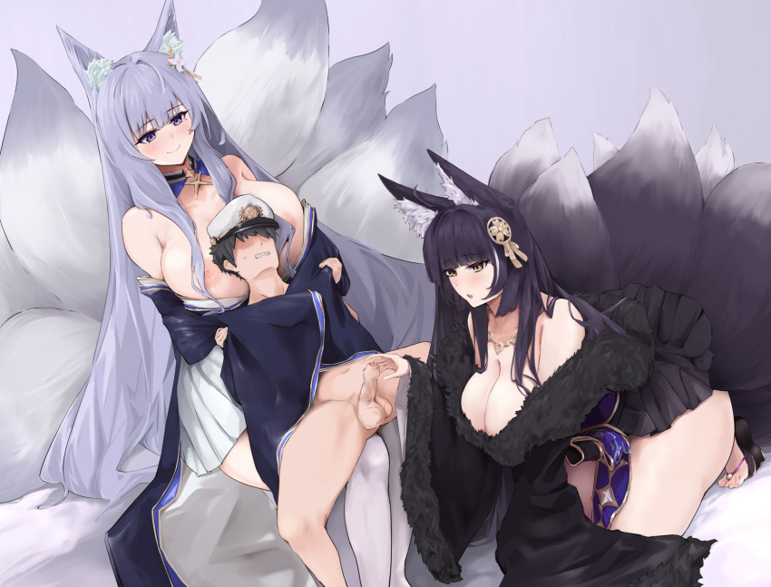 1boy 2girls animal_ear_fluff animal_ears azur_lane beads big_breasts black_hair black_kimono blue_collar blue_kimono breasts brown_eyes collar commander_(azur_lane) facial_mark ffm_threesome fox_ears fox_girl fox_tail fur-trimmed_kimono fur_trim hat highres immobilization japanese_clothes jewelry kimono kitsune kyuubi large_breasts large_tail light-skinned_female light-skinned_male light_skin long_hair low_neckline magatama magatama_necklace military military_uniform multiple_girls multiple_tails musashi_(azur_lane) naval_uniform necklace obi oza_osuwari peaked_cap penis prayer_beads purple_eyes sakura_empire_(azur_lane) sash shinano_(azur_lane) short_kimono skirt_under_kimono small_penis straight tail testicles thighhighs threesome uniform very_long_hair whisker_markings white_hair white_tail