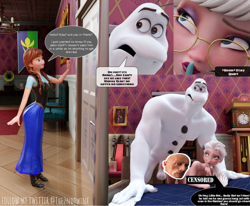 3d anna_(frozen) bed bedroom blonde_hair comic dildo disney doggy_style dwayne_”the_rock”_johnson elsa_(frozen) female freckles frozen_(film) frozen_2 light_skin meme olaf_(frozen) penetration princess red_hair sex the2ndtwinx