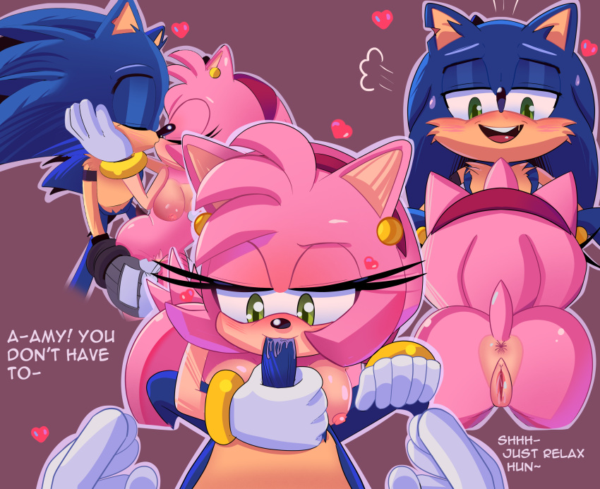 absurd_res amy_rose anthro anus bluebutterz bodily_fluids duo english_text eulipotyphlan fellatio female genital_fluids genitals green_eyes heart hedgehog hi_res kissing male male/female mammal oral penile pussy pussy_juice romantic sega sex sonic_(series) sonic_the_hedgehog sonic_the_hedgehog_(series) sweat text wholesome wholesome_sex