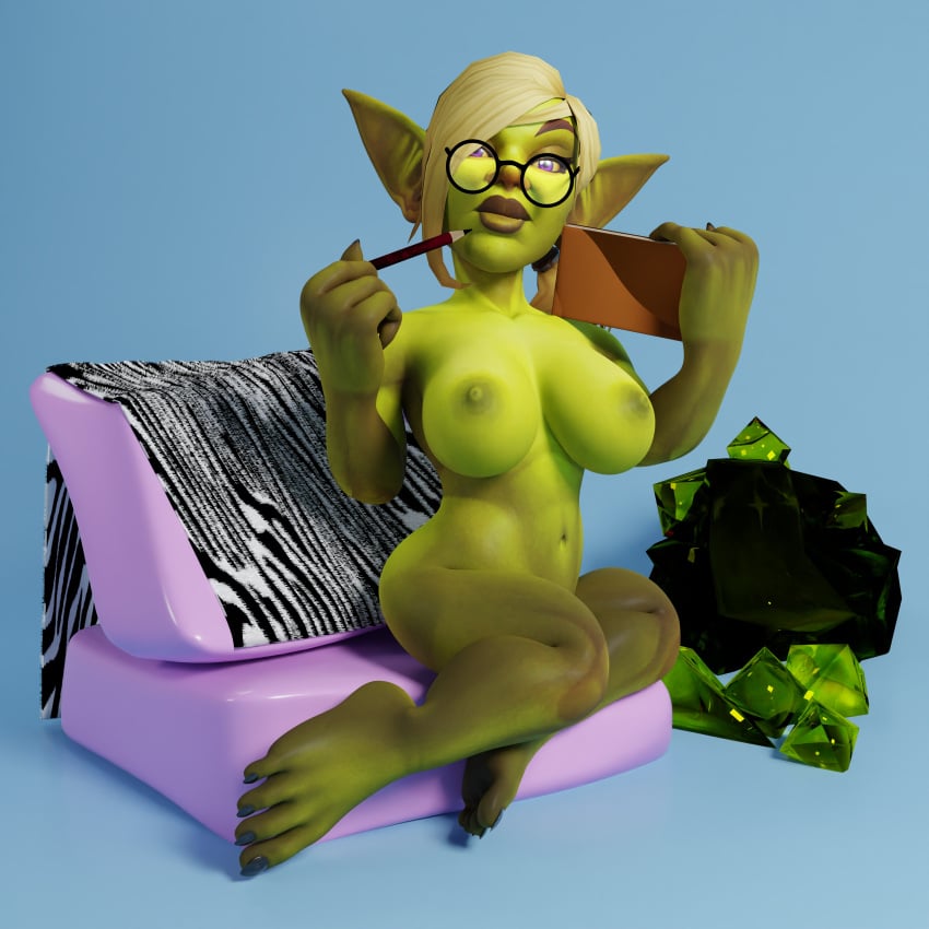 3d 3d_(artwork) female_only glasses goblin goblin_(warcraft) goblin_female green_skin pencil purple_eyes shortstack solo_focus warcraft white_hair wobblecog world_of_warcraft