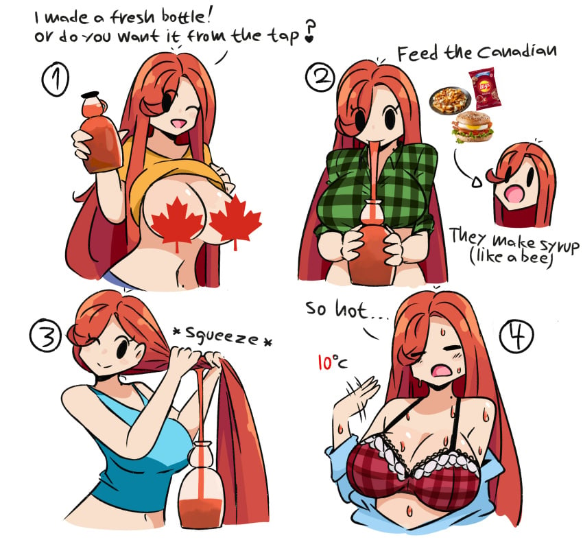 2022 big_breasts canada canadian canadian_flag casual cleavage clothing female human juliette_(murgoten) long_hair maple_leaf maple_syrup mob_face murgoten national_personification original pale_skin red_hair unusual_lactation