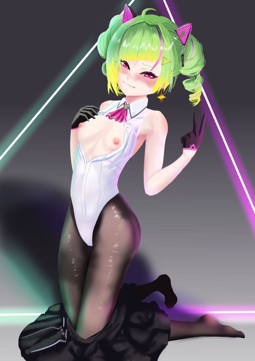 ahoge black_gloves black_thighs blush blushing_at_viewer breasts cat_ears deluta drill_twintails gloves green_hair hair_accessory high_resolution highres indie_virtual_youtuber kneeling leotard light-skinned_female light_skin neon neon_lights nipples no_sex on_knees pale-skinned_female pale_skin pink_nipples posing red_eyes shirt_collar short_gloves short_twintails skirt_down skirt_lift small_breasts streamer triangle_hair_ornament twintails unbuttoned v_sign virtual_youtuber vtuber white_leotard young_woman youtuber