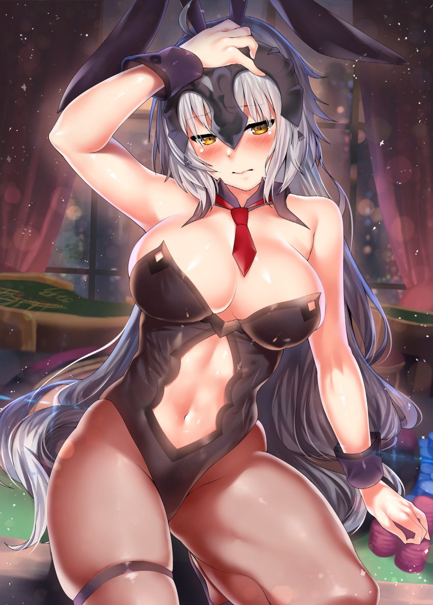 absurdres animal_ears arm_at_side artoria_pendragon_(all) artoria_pendragon_(fate) artoria_pendragon_(swimsuit_ruler) artoria_pendragon_(swimsuit_ruler)_(fate)_(cosplay) bangs bare_shoulders black_leotard blush breasts brown_pantyhose bunny_ears bunnysuit casino cleavage closed_mouth clothing_cutout cosplay curtains detached_collar fake_animal_ears fate/grand_order fate_(series) female female_focus hand_on_own_head headpiece high_heels highleg highleg_leotard highres indoors jeanne_alter jeanne_d'arc_(fate) kawai_(purplrpouni) large_breasts leotard long_hair looking_at_viewer navel navel_cutout necktie night non-web_source pantyhose playboy_bunny poker_chip purple_footwear rabbit_ears rabbit_girl red_necktie red_neckwear roulette_table silver_hair skindentation solo strapless strapless_leotard table thigh_strap thighs very_long_hair window wrist_cuffs yellow_eyes