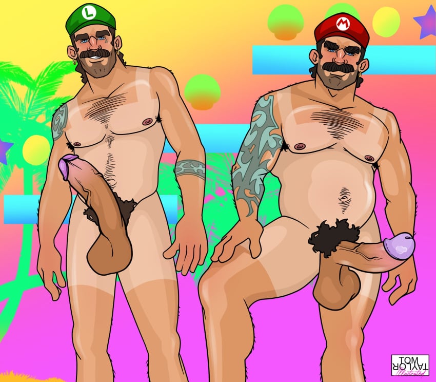 2boys balls ballsack beard_stubble beefy big_cock big_penis blue_eyes body_hair boner brothers brown_hair cartoony dangling_testicles dilf ear_piercing earrings erect_penis erection facial_hair hard_on huge_cock looking_at_viewer low_hanging_balls luigi male male_nipples male_only male_pubic_hair mario mario_(series) masculine mature_male muscles muscular_male mustache nude_male pubes scrotum tanline tattoos testicles thick_eyebrows tom_taylor_illustrated veiny_penis