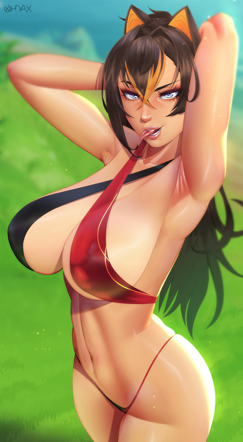 armpits big_breasts bikini breasts brown_body brown_hair brown_skin dehya_(genshin_impact) female female_focus female_only genshin_impact large_breasts lips long_hair ohdax showing_off thick_thighs thighs