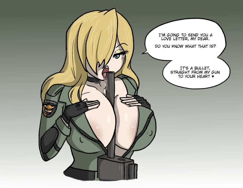 1girls big_breasts blonde_female blonde_hair blue_eyes breasts busty cleavage clothed clothed_paizuri clothing doctorloops english english_text erect_nipples female female_focus female_only gun hair hair_over_one_eye hand_on_breast horny konami large_breasts licking licking_object metal_gear metal_gear_solid object_between_breasts paizuri saliva saliva_trail sex sexually_suggestive sniper sniper_rifle sniper_wolf solo solo_female talking_to_another text text_bubble tongue tongue_out voluptuous