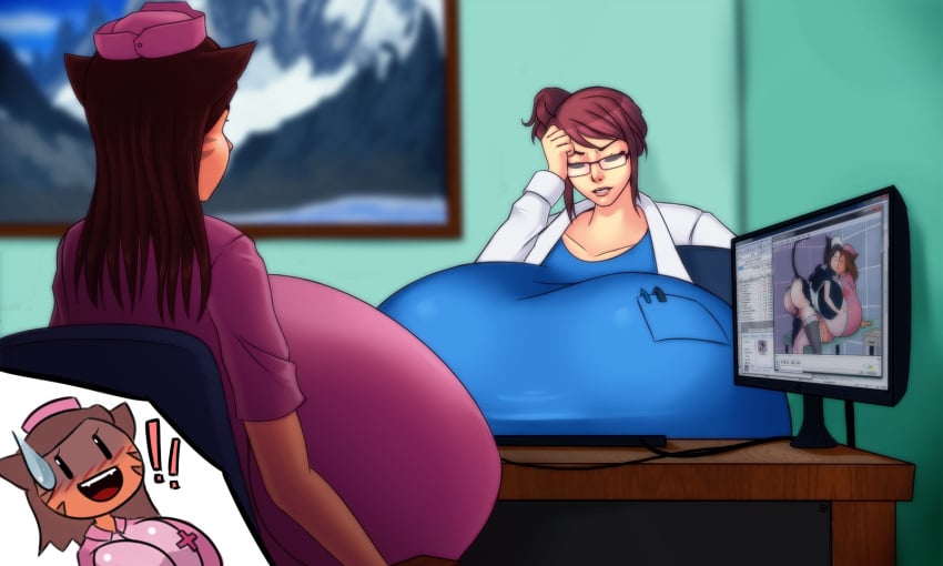 2017 2girls angry blue_shirt brown_hair degeneratepai desk doctor dr._blair_(degenerate) enormous_breasts female female_only glasses hair_bun hat hyper hyper_breasts labcoat long_hair monitor nurse original original_characters pink_hat pink_shirt sitting solo sweatdrop v-shaped_eyebrows