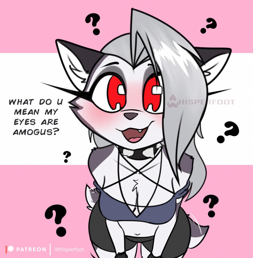 1girls ? among_us among_us_eyes among_us_reference animal_ears asking_a_question big_eyes blush breasts canid cleavage clueless crop_top cute dialogue fang female fur furry grey_fur hellhound helluva_boss large_breasts looking_at_viewer loona_(helluva_boss) meme navel oblivious open_mouth pink_background red_eyes shorts smile solo text thick_thighs thighs whisperfoot wholesome wide_hips