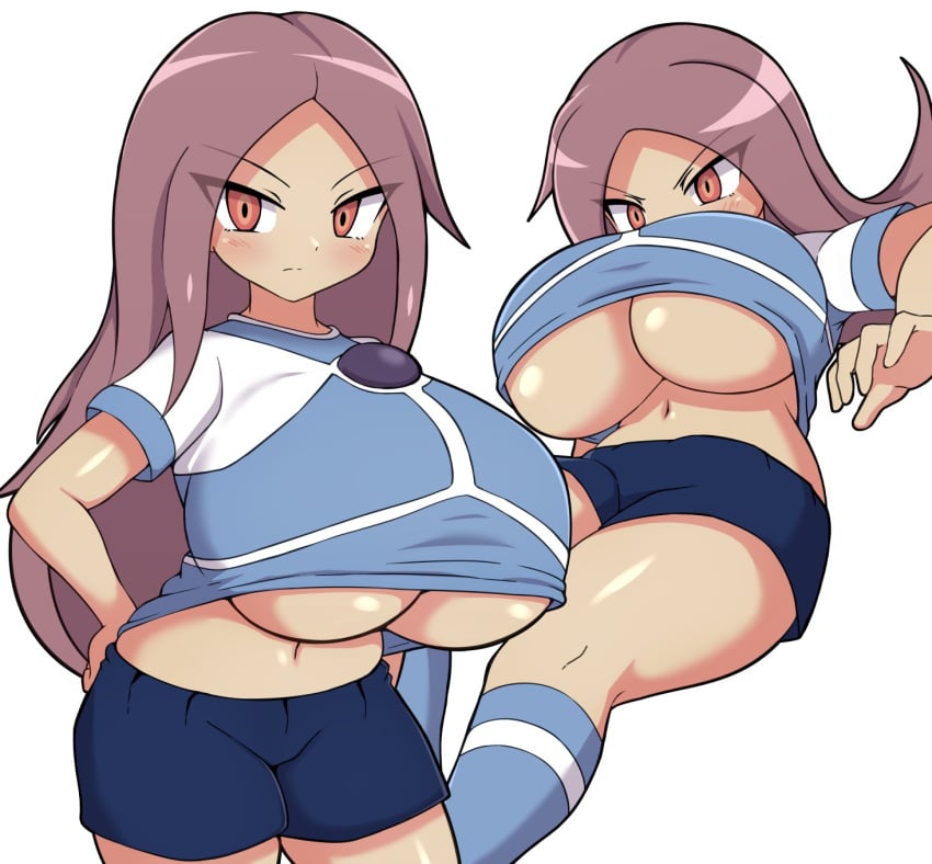 1girls ai_touchi alternate_breast_size big_breasts inazuma_eleven inazuma_eleven_(series) jaga334 long_hair looking_down no_bra soccer_uniform underboob