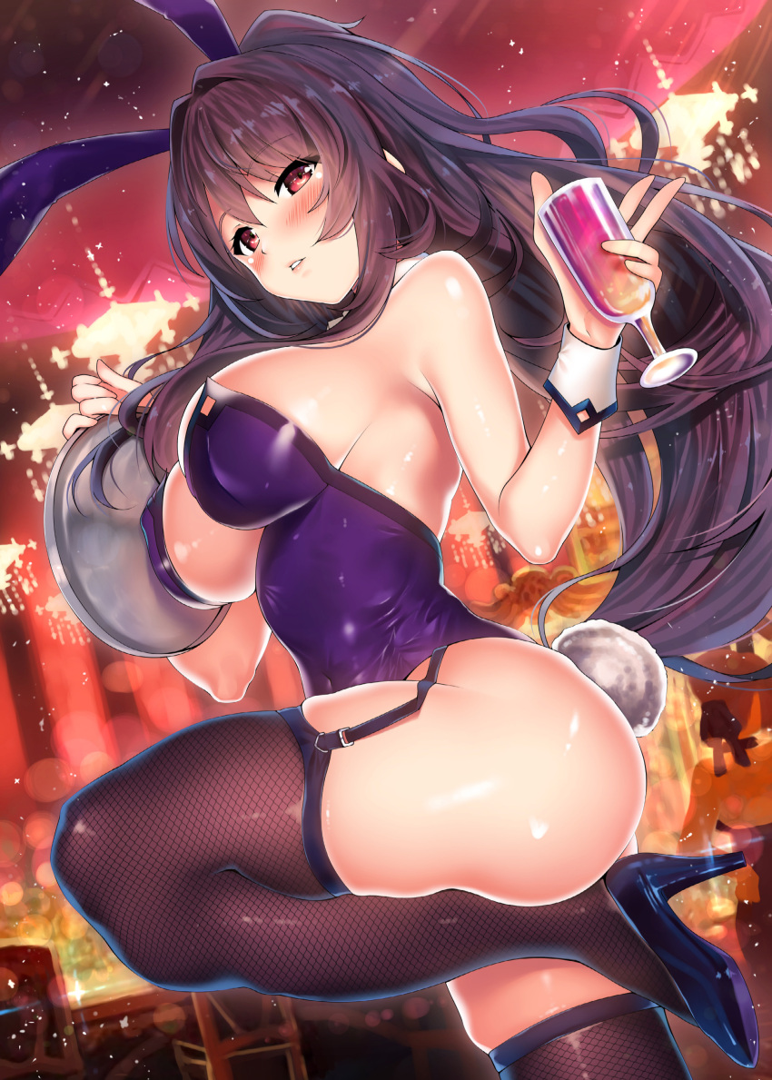 animal_ears ass bangs blush breasts bunny bunnysuit collection cup drinking_glass fate/grand_order fate_(series) female fishnet_thighhighs fishnets high_heels highres holding holding_cup holding_tray kawai_(purplrpouni) large_breasts leotard long_hair looking_at_viewer non-web_source official_alternate_costume parted_lips playboy_bunny purple_hair purple_leotard rabbit_ears rabbit_tail red_eyes scathach_(fate) scathach_(piercing_bunny) solo tail thighhighs thighs