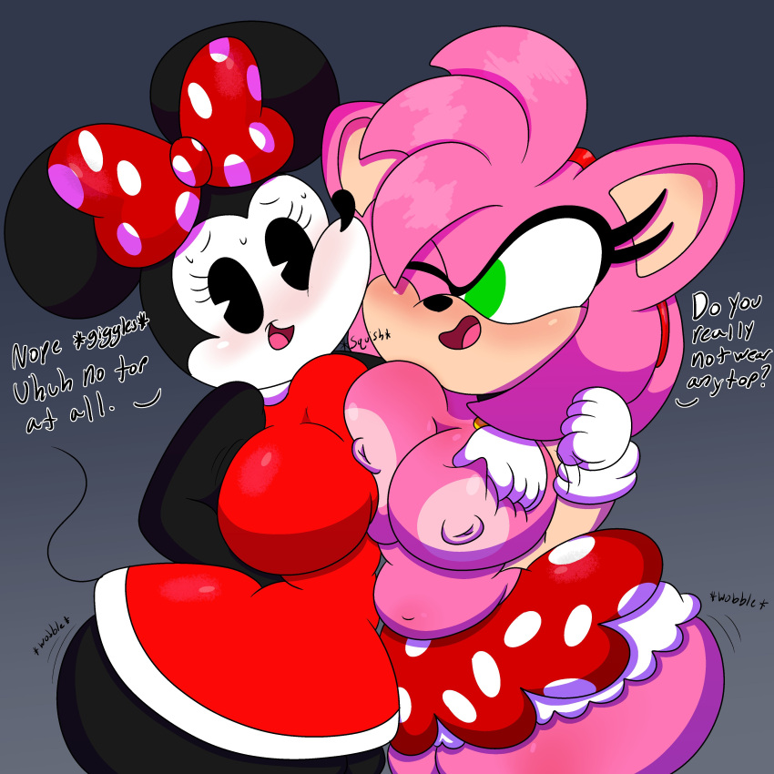 1:1 2020 2girls 3barts absurd_res accessory alternate_costume amy_rose anthro areola arm_over_shoulder ass belly big_areola big_breasts big_butt big_ears big_nipples black_body black_fur black_pupils bloomers blush bodily_fluids bottomwear bow_ribbon breast_grab breast_squish breasts breasts_frottage butt_jiggle child_bearing_hips clothed clothing clothing_swap curvaceous curvy curvy_body curvy_female curvy_figure dialogue digital_drawing_(artwork) digital_media_(artwork) disney dot_eyes dress duo duo_focus english_text eulipotyphlan eyelashes female female/female female_focus female_only fingers fur furry gloves green_eyes grey_background hair hair_accessory hair_ribbon hairband hairbow hand_on_breast handwear headband hedgehog hi_res hourglass_figure huge_breasts huge_butt huge_nipples jiggling mammal miniskirt minnie_mouse motion_lines mouse multicolored_body multicolored_fur murid murine navel nipples one_eye_closed open_mouth pink_body pink_fur pink_hair pink_nipples pupils ribbons rodent sega short_hair simple_background skirt slightly_chubby slim_waist small_waist sonic_(series) sonic_the_hedgehog_(series) squish standing sweat tail_under_skirt tan_body tan_fur text thick_thighs thigh_jiggle thunder_thighs topless topless_anthro topless_female two_tone_body two_tone_fur video_games voluptuous white_body white_fur wide_hips yuri