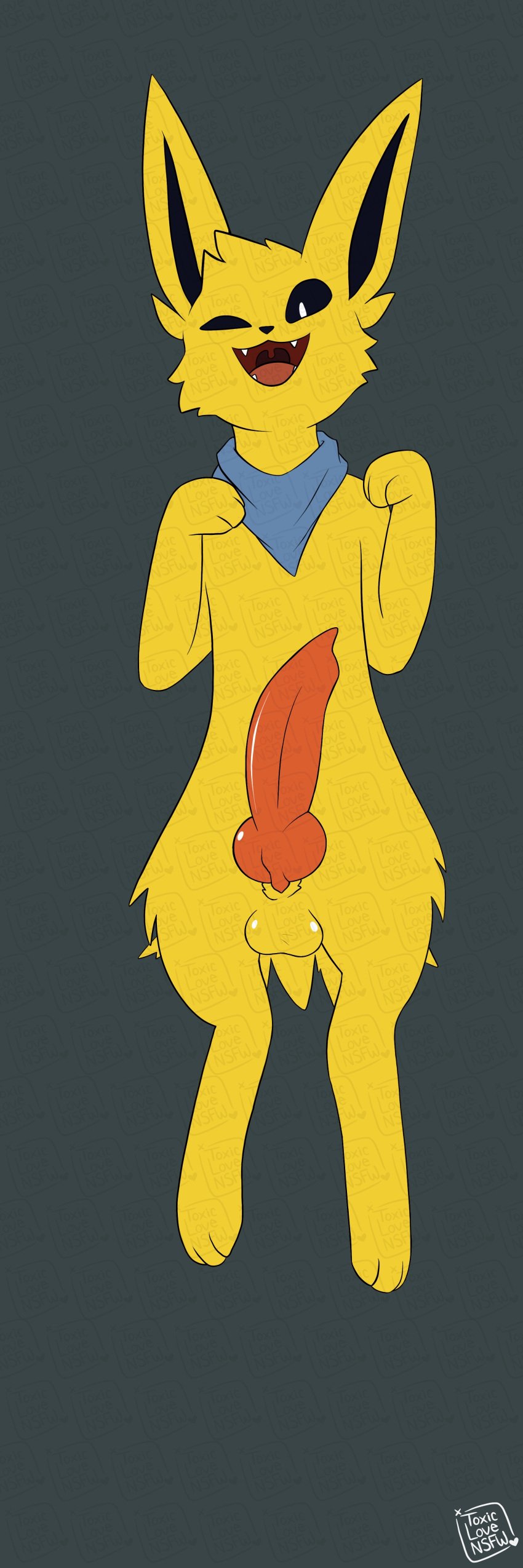 absurd_res balls bandana black_eyes canid canine canis colored digital_drawing_(artwork) digital_media_(artwork) domestic_dog eeveelution erection feral fur generation_1_pokemon genitals hair hi_res jolteon kerchief looking_at_viewer male mammal neck_scarf nintendo open_mouth penis pokemon pokemon_(species) signature simple_background smile solo tongue unfinished video_games yellow_body yellow_fur