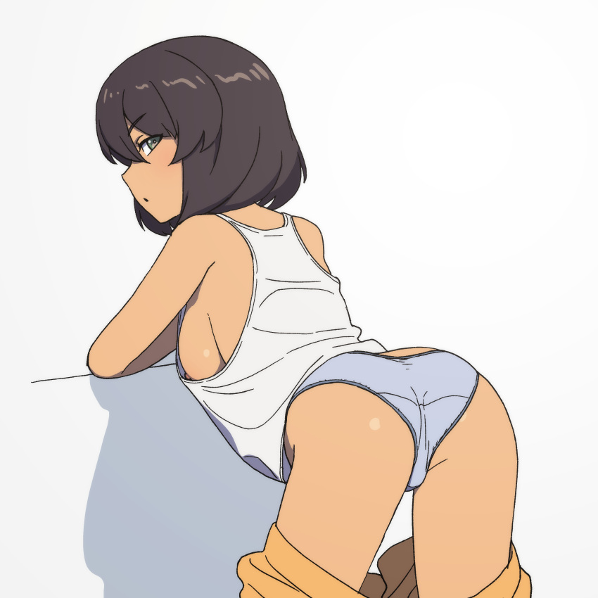 absurdres ass bent_over black_hair breasts dark-skinned_female dark_skin dress_inside_ass female girls_und_panzer green_eyes highres hoshino_(girls_und_panzer) large_breasts loose_clothes nipple_slip nipples no_bra onsen_tamago_(hs_egg) open_mouth panties shiny shiny_hair shiny_skin short_hair sideboob simple_background solo tank_top underwear white_background white_panties white_tank_top