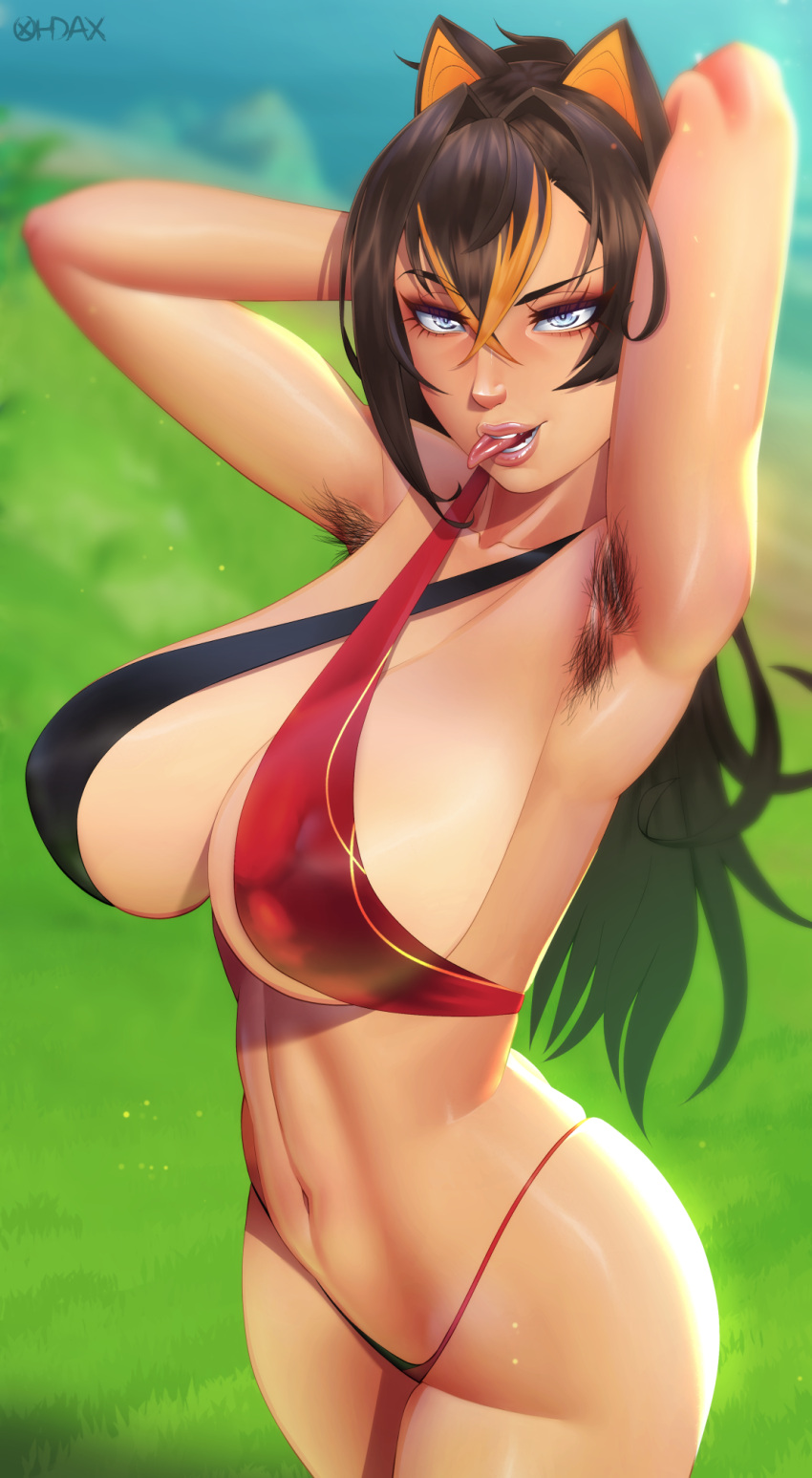 armpit_hair armpits big_breasts bikini breasts brown_body brown_hair brown_skin dehya_(genshin_impact) female female_focus female_only genshin_impact large_breasts lips long_hair ohdax showing_off thick_thighs thighs