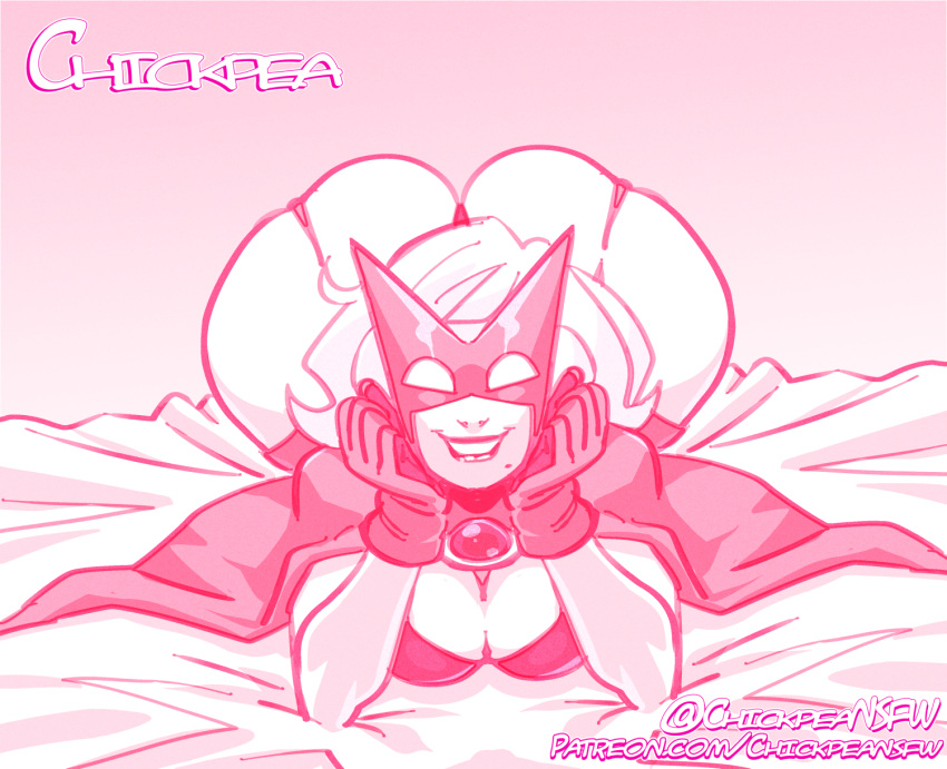 1girls 2022 ass big_ass big_butt breasts cape capelet chickpea crimson_terror expressive_mask eyemask fat_ass female female_only gloves huge_ass huge_butt looking_at_viewer mask masked_female massive_ass monochrome on_bed original original_character pink_background pink_theme simple_background smile spandex superhero_costume supervillain supervillainess villainess