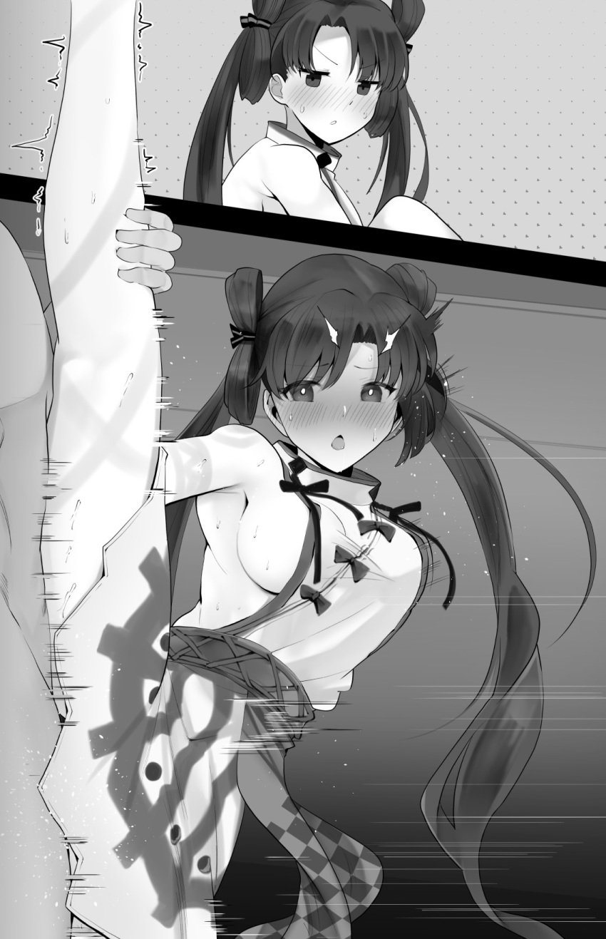 1boy backless_dress backless_outfit bangs bare_shoulders blush body_markings breasts dress fate/grand_order fate_(series) female greyscale highres iyo_(fate) large_breasts leg_lift leg_up long_hair monochrome open_mouth parted_bangs sex sex_from_behind sideboob split spread_legs standing standing_on_one_leg standing_sex standing_split straight thighs twintails vaginal_penetration very_long_hair wakamochi-ta