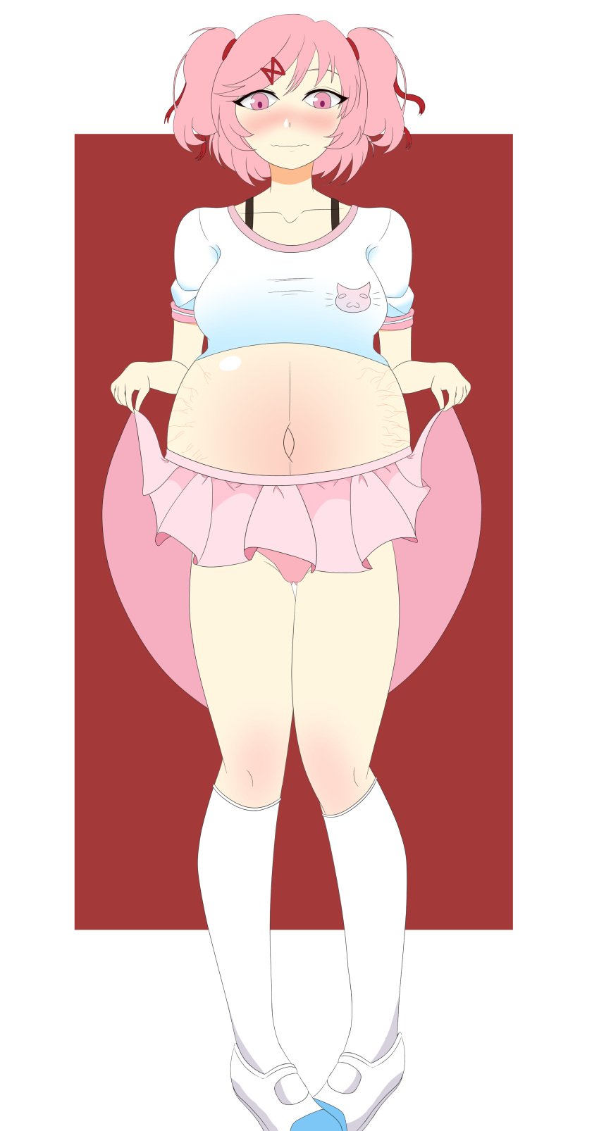 1girls blush doki_doki_literature_club female female_only lifting_skirt natsuki_(doki_doki_literature_club) palitexx panties pink_eyes pink_hair pink_panties pink_skirt pregnant pregnant_belly pregnant_female shirt skirt skirt_lift skirt_lifted_by_self solo white_shirt