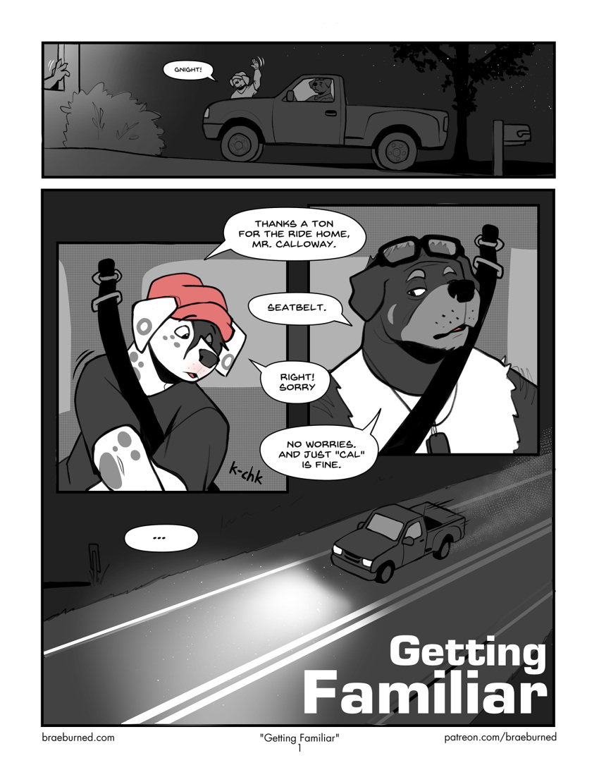 age_difference anthro beanie braeburned canid canine canis car clothed clothing comic dalmatian dialogue digital_media_(artwork) dog_tags domestic_dog driving duo_focus eyewear glasses group hair hair_over_eye hat headgear headwear hi_res male male/male mammal mastiff molosser mr._calloway_(braeburned) older_male one_eye_obstructed rottweiler seatbelt sitting tattoo text topwear truck vehicle wes_(braeburned) younger_male