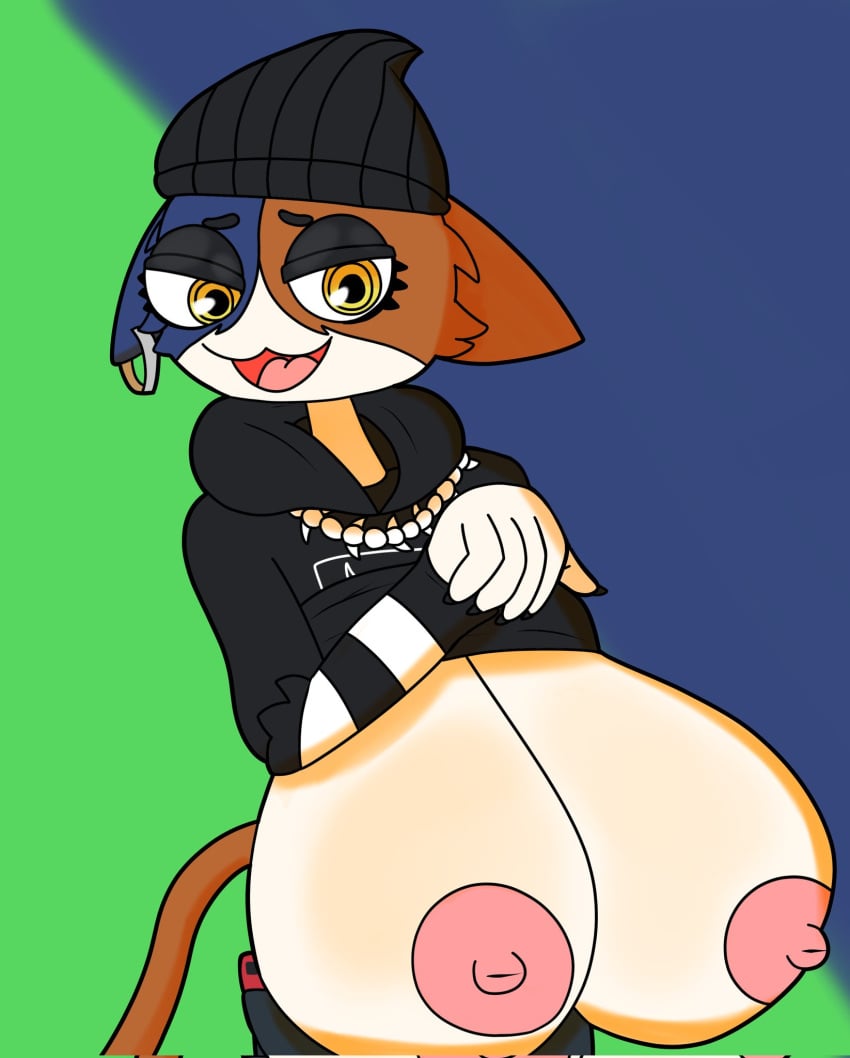 alternate_breast_size anthro big_boobs big_breasts boobs breasts breasts_bigger_than_head ear_piercing flashing fortnite furry josh8474 meow_skulls_(fortnite) presenting presenting_breasts