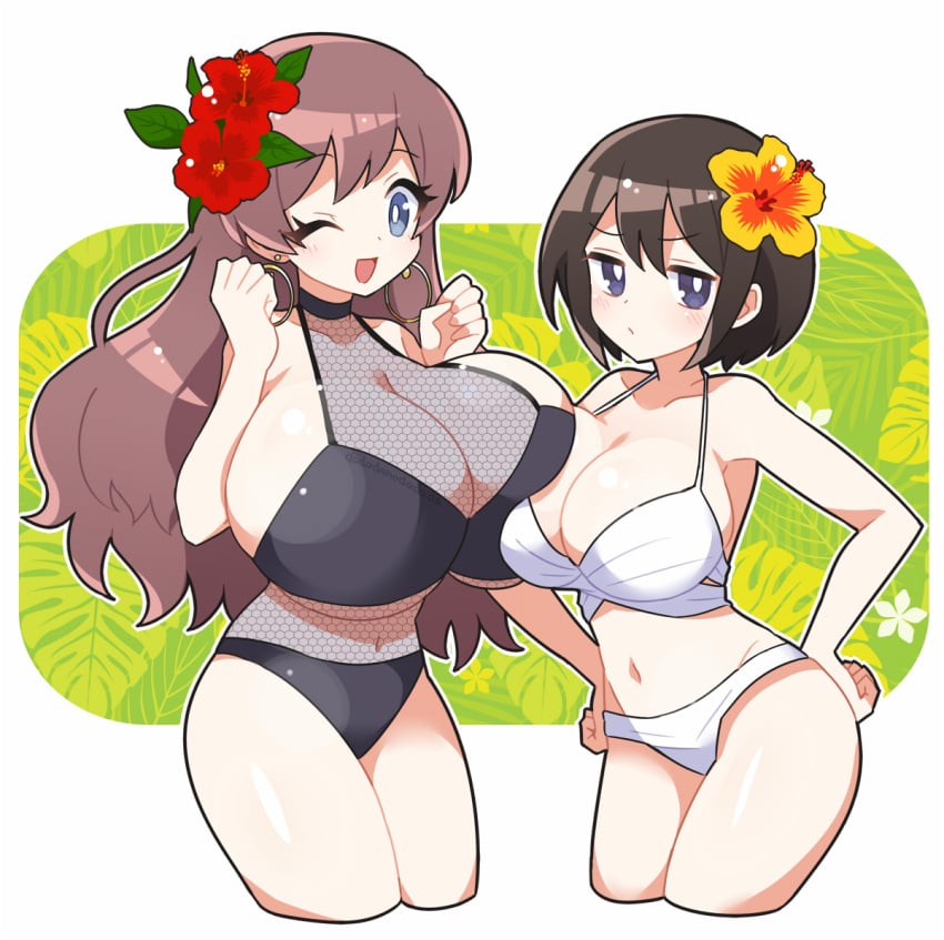 2021 2girls asymmetrical_docking bikini black_bikini blue_eyes breast_envy breast_size_difference brown_hair cleavage curvy dadadanoda earrings female female_only fishnets hair_flower half-closed_eyes hands_on_hips hands_up hibiscus huge_breasts jitome large_breasts long_hair looking_away medium_hair navel piercing pout purple_eyes smile stomach white_bikini wink