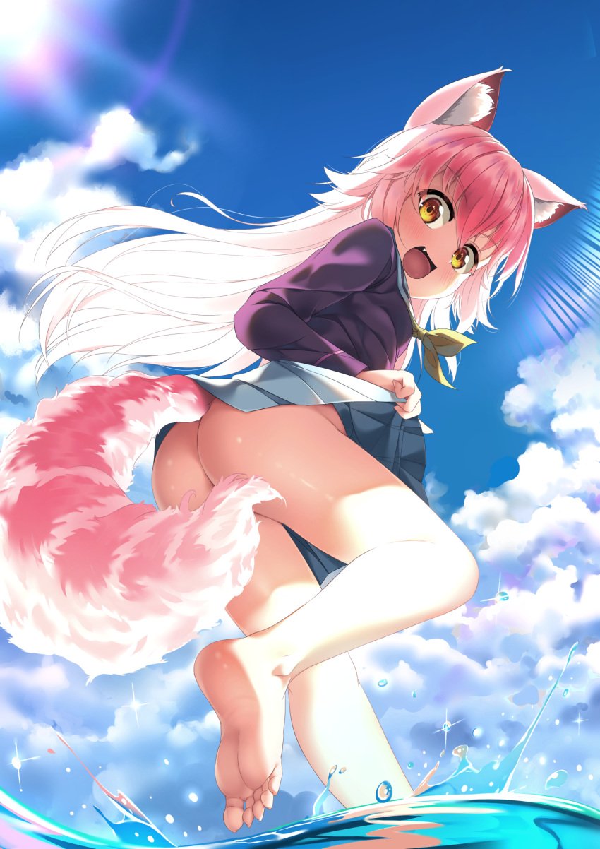 animal_ears animal_humanoid ass bottomless bottomwear canid canid_humanoid canine canine_humanoid clothed clothing clothing_lift cloud cute_fang fang feet female gorudazo hair hi_res humanoid kemonomimi looking_at_viewer looking_back mammal mammal_humanoid murenase!_seton_gakuen no_panties no_underwear okami_ranka open_mouth pink_hair ranka_ookami shirt skirt skirt_lift sky solo sun tail tail_covering_crotch topwear water wolf_humanoid yellow_eyes young