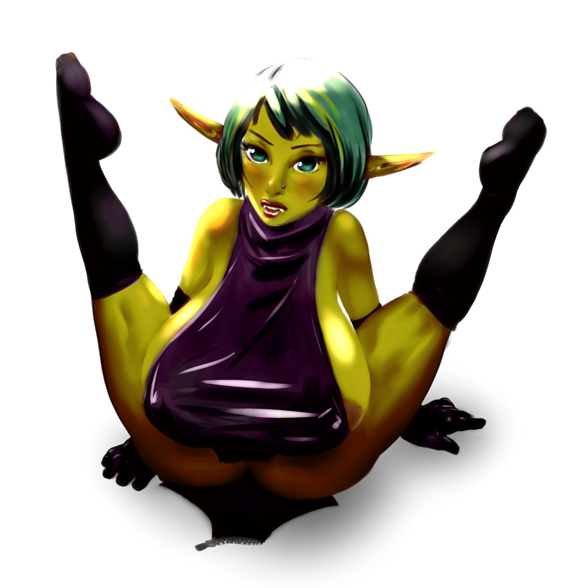 1girls big_breasts biting_lip goblin goblin_female huge_breasts legs_up nipple_slip original pvc redlever shiny_clothes shortstack sideboob solo solo_female solo_focus spread_legs