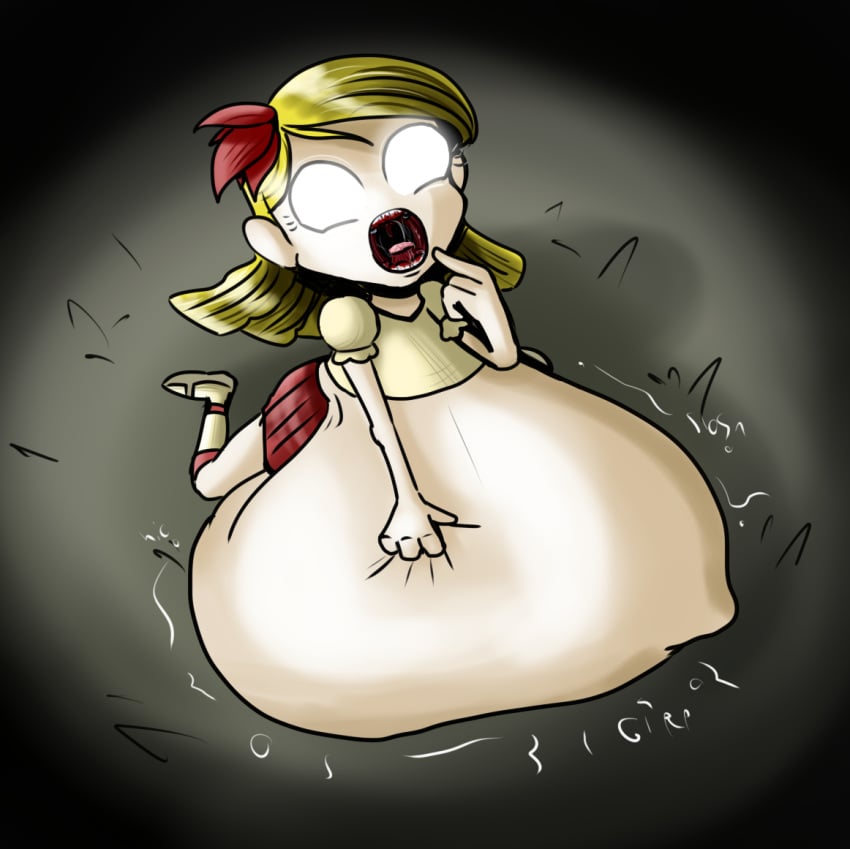 1girls demanding dont_starve dont_starve_together imminent_vore looking_at_viewer maw organicgranite pointing pointing_at_mouth saliva striped_legwear struggling_prey vore wendy_(don't_starve)