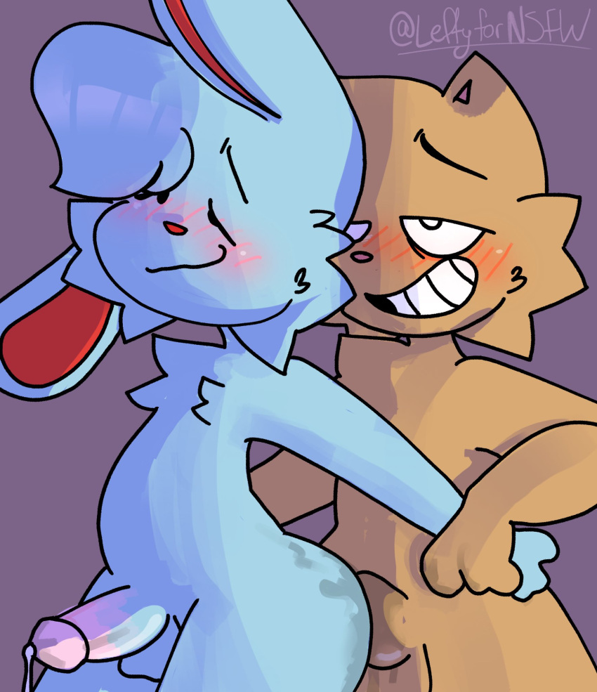 anal anal_sex animal_humanoid anthro balls blue_body blue_fur blush bodily_fluids brown_body brown_fur burgerpants cat_humanoid cum digital_media_(artwork) duo erection felid felid_humanoid feline feline_humanoid fur genital_fluids genitals hi_res humanoid lagomorph lagomorph_humanoid leftyfornsfw leporid leporid_humanoid male male/male male_penetrated male_penetrating male_penetrating_male mammal mammal_humanoid nicecream_man nude open_mouth penetration penis rabbit rabbit_humanoid sex simple_background smile undertale undertale_(series) video_games