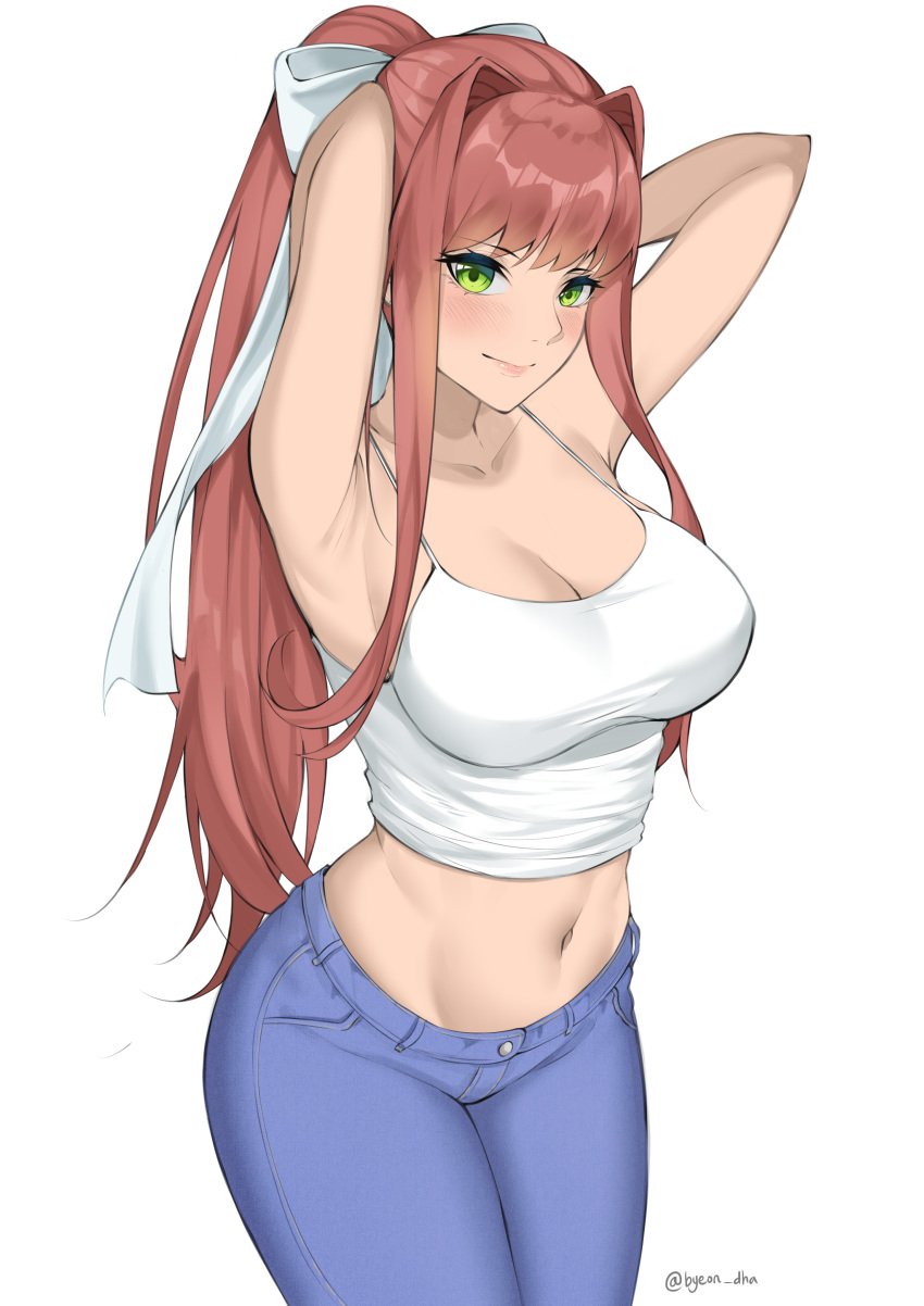 1girls armpits big_breasts breasts byeon_dha doki_doki_literature_club eye_contact green_eyes hair_ribbon light_skin long_hair looking_at_viewer monika_(doki_doki_literature_club) pants smile solo solo_female standing white_background