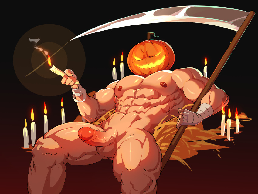 2022 abs absurd_res arm_wraps balls biceps black_background candle empty_eyes erection glans glowing_eyes glowing_mouth halloween hay holding_object holding_weapon humanoid humanoid_penis jack-o'-lantern leaking_precum light_skin loincloth looking_at_viewer lying male mostly_nude muscular muscular_humanoid muscular_male muscular_thighs nipples one_eye_half-closed open_mouth open_smile pecs penis pink_glans pumpkin_head retracted_foreskin scythe sedo sedo_(usingincognito) solo solo_male usingincognito yellow_eyes yellow_mouth