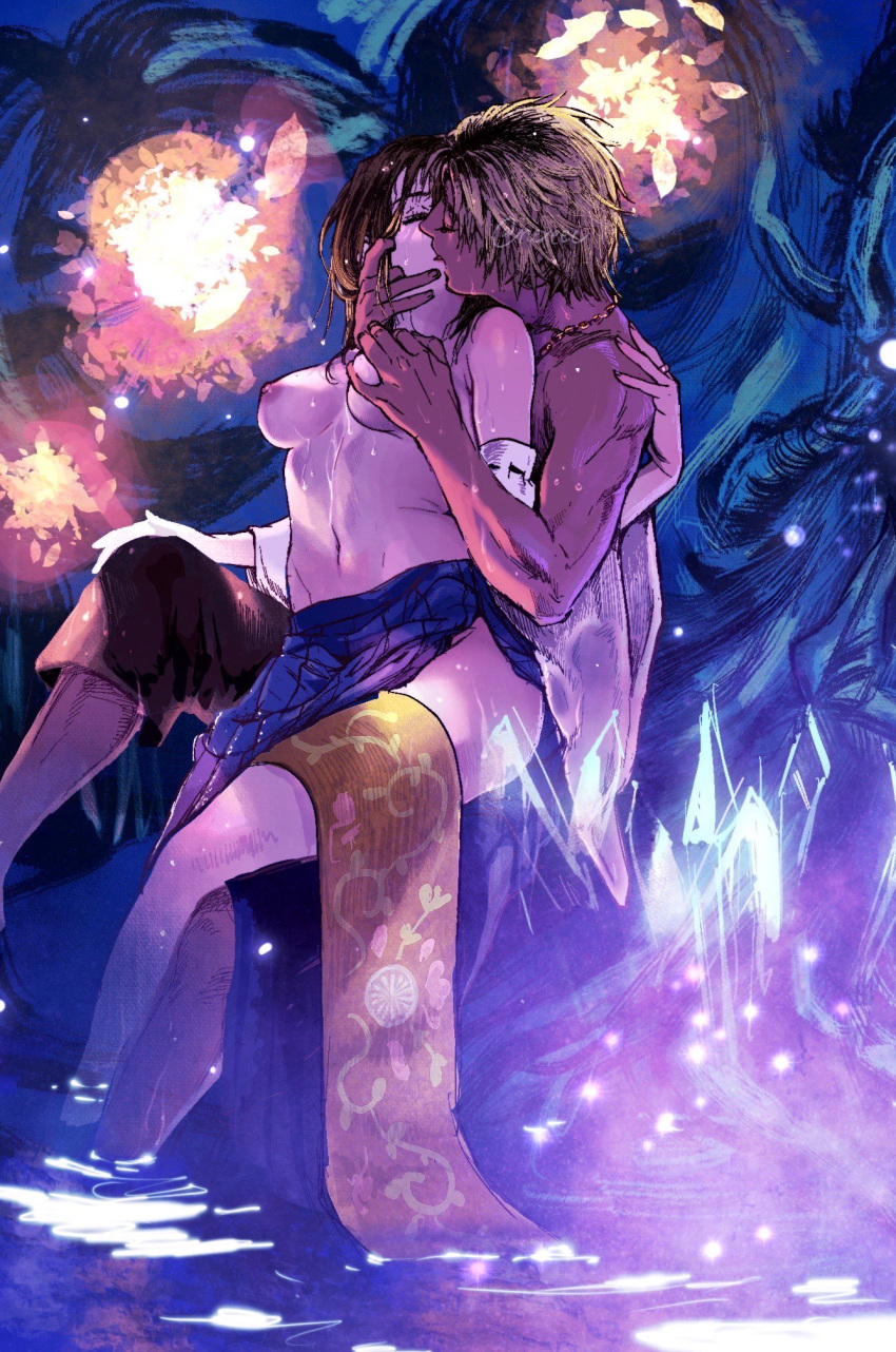 1boy biceps blonde_hair breast_grab breasts brown_hair clothes_removed couple crystal detached_sleeves female final_fantasy final_fantasy_x floral_print grabbing hand_on_another's_face highres kissing light_particles long_skirt medium_breasts nexeee nipples obi sash short_hair sitting sitting_on_lap sitting_on_person skirt straight tan tidus topless topless_male water wet wet_clothes wet_hair wide_sleeves yuna