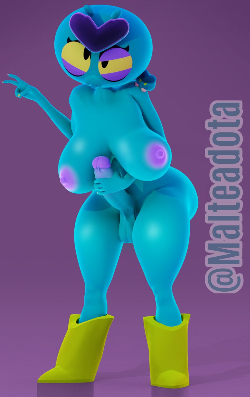 3d 3d_(artwork) alien alien_girl artist_name brawl_stars eve_(brawl_stars) futa_only futanari green_skin humanoid large_breasts malteadota masturbation pleasure_face simple_background twitter_username yellow_sclera