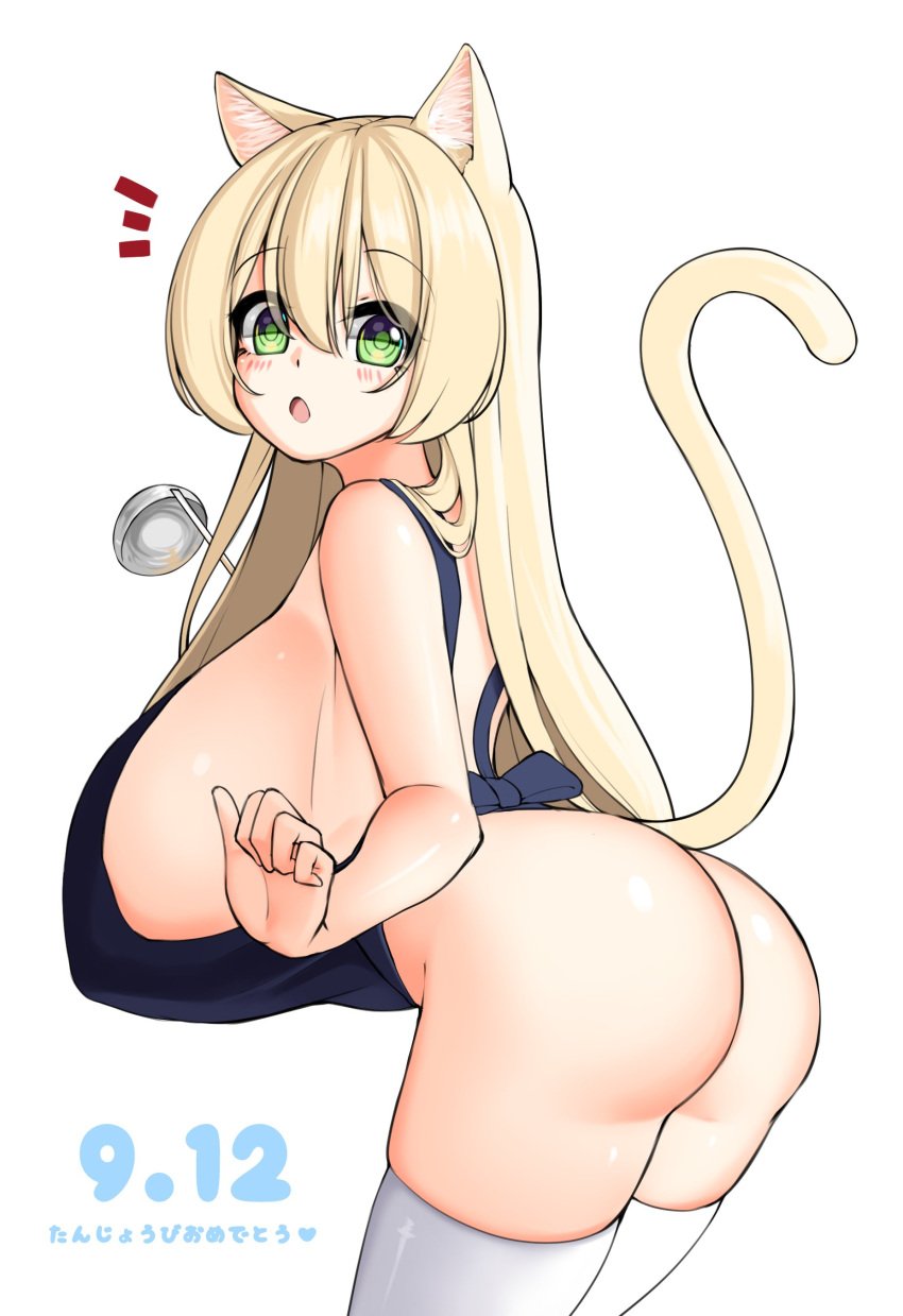 absurd_res animal_humanoid ass big_breasts big_butt blonde_hair blush breasts cat_humanoid clothing felid felid_humanoid feline feline_humanoid female green_eyes hair hi_res huge_breasts humanoid kaedeno_yuu legwear looking_at_viewer looking_back looking_back_at_viewer mammal mammal_humanoid side_boob simple_background solo thighhighs white_background