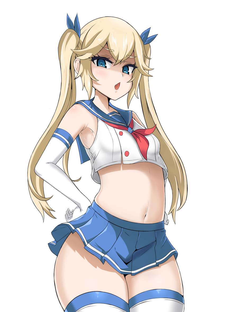 1girls absurdres armpits asanagi_(style) bangs blonde_hair blue_eyes blue_skirt breasts chestnut_mouth crop_top crop_top_overhang elbow_gloves female gloves hair_ribbon highres kim_wang_jang last_origin light-skinned_female light_skin looking_at_viewer mh-4_thetis midriff miniskirt navel oerba_yun_fang open_mouth pleated_skirt ribbon sailor_collar skirt small_breasts solo thighhighs tsurime twintails white_gloves wide_hips