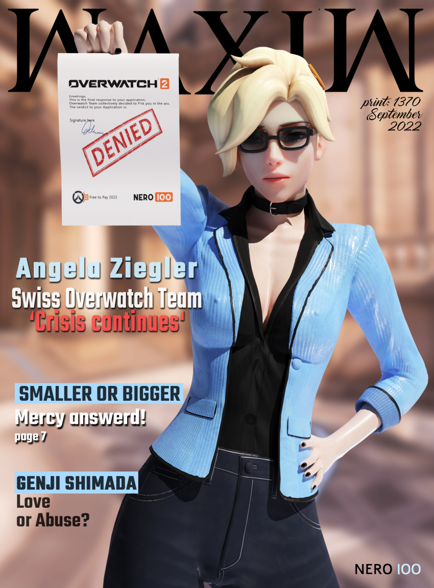 1girls 3d angela_ziegler big_breasts big_breasts blender blizzard_entertainment blonde_female blonde_hair blonde_hair breasts clothing collar doctor female female_only front_page glasses hi_res legs light_hair light_skin magazine magazine_front_page mercy message nero100 nipples overwatch paper paris peek pose pussy solo solo_female standing suit waxiw