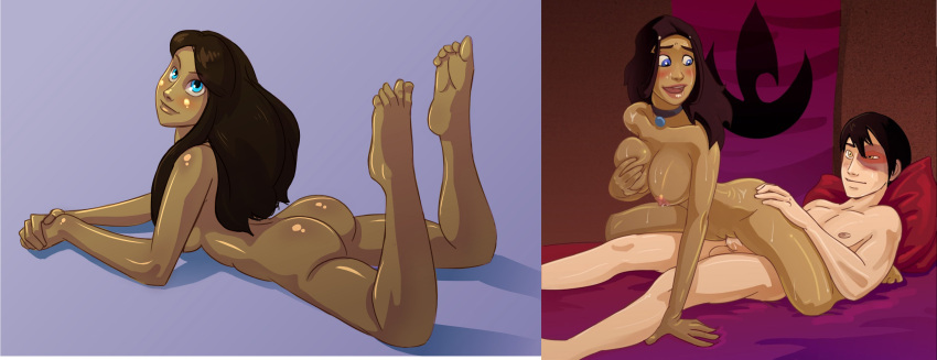 1boy 1girls apple_butt arched_back ass athletic_female avatar_the_last_airbender barefoot big_eyes blue_eyes blush brown_hair completely_nude completely_nude_female cowgirl_position cute dark-skinned_female dark_skin edit feet feet_up female female_on_top full_body girl_on_top hagfish hair_down hair_loopies hair_over_shoulder hands_clasped hands_together head_tilt human interracial inuit katara large_breasts leaning_on_elbow light-skinned_male light_skin long_hair looking_at_viewer lying_on_stomach male naked nickelodeon nipples nude on_floor on_top pale_skin penis penis_in_pussy pinup posing presenting_self purple_background relaxing reverse_cowgirl_position ride riding scar sex shadow shaved_pussy shiny_skin side_view sideboob smile soles straight straight_sex sweat tagme the_pose toes vaginal_penetration vaginal_sex water_tribe zuko zutara